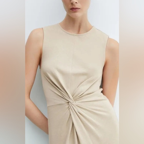 NWOT Mango Sleeveless Knot Front Midi Dress – light beige/gray – Size Medium - Picture 2 of 12